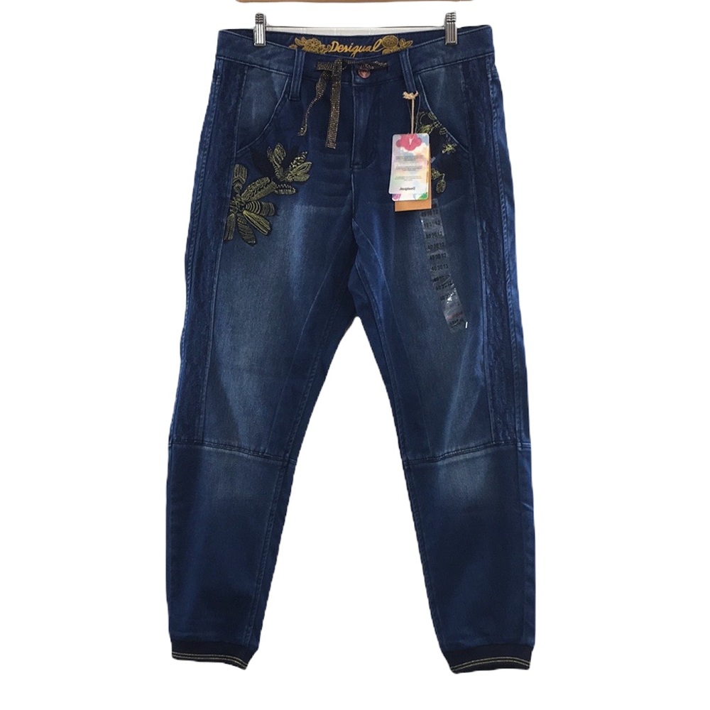 Desigual Exotic Baggy Jogger Jeans Womens 6 Embroidered Medium Wash Denim